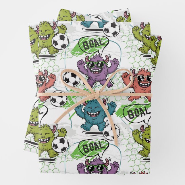 Funny Monster Soccer Kids Pattern Wrapping Paper Sheet (In situ)