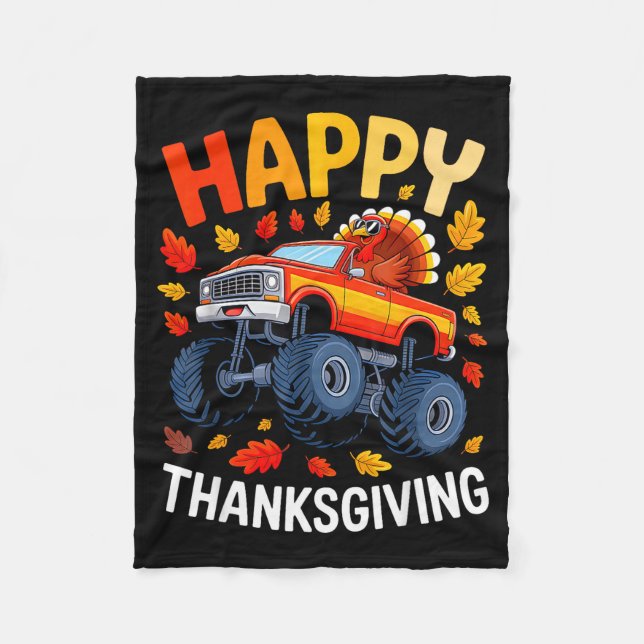 Funny Monster Truck Turkey Happy Thanksgiving For  Fleece Blanket (Front)