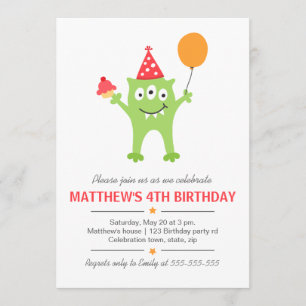 Funny monster with balloon and cupcake birthday invitation