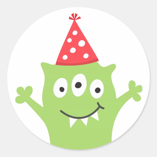 Funny monster with party hat classic round sticker (Front)