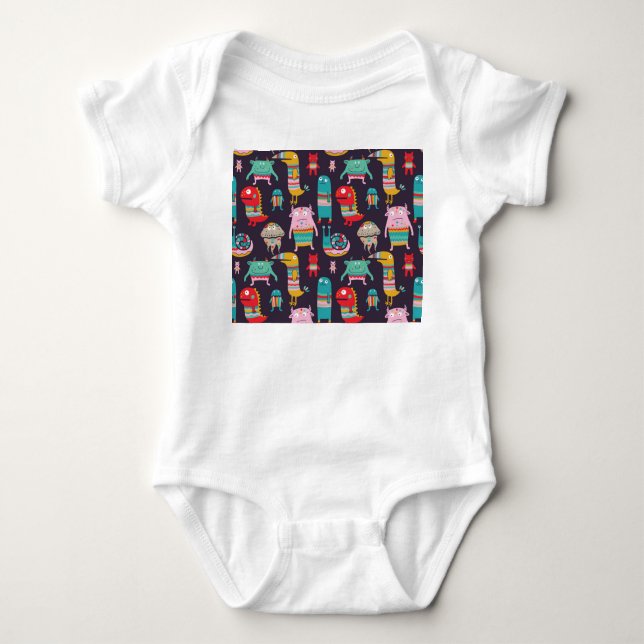 Funny Monsters Cartoon Seamless Pattern Baby Bodysuit (Front)
