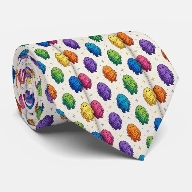 Funny Monsters Faux Silk | Furry Creatures Tie (Rolled)