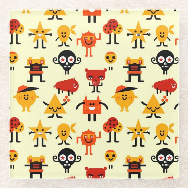Funny monsters pattern glass coaster (Front)