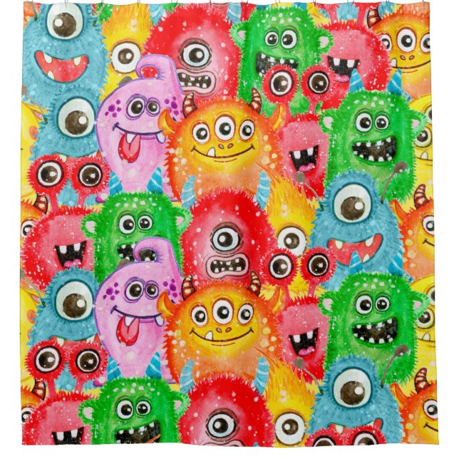 Funny Monsters, Watercolor Seamless Pattern. (Front)