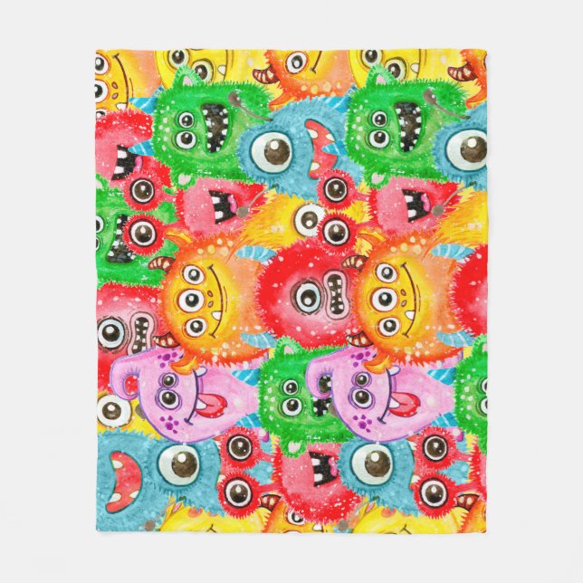 Funny Monsters, Watercolor Seamless Pattern. Fleece Blanket (Front)