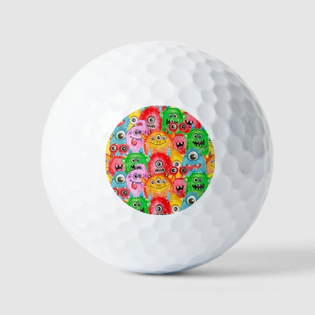 Funny Monsters, Watercolor Seamless Pattern. Golf Balls (Front)