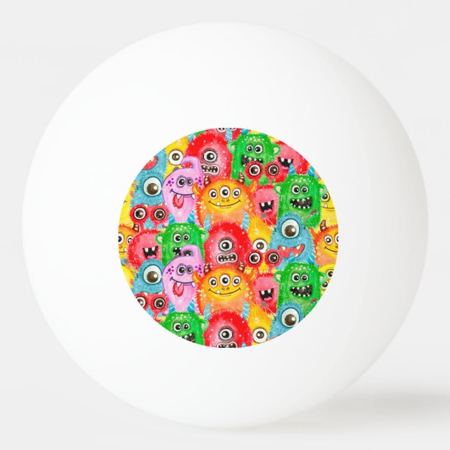 Funny Monsters, Watercolor Seamless Pattern. Ping Pong Ball (Front)