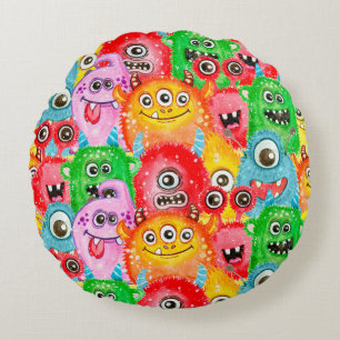 Funny Monsters, Watercolor Seamless Pattern. Round Pillow