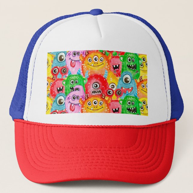 Funny Monsters, Watercolor Seamless Pattern. Trucker Hat (Front)