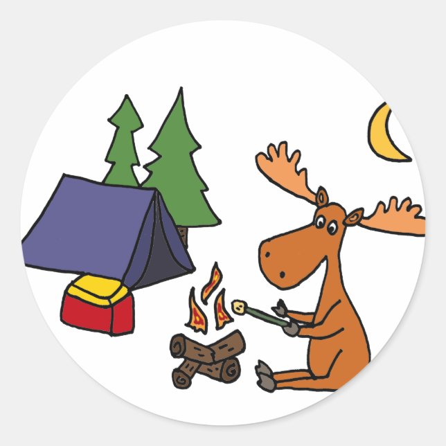 Funny Moose Camping Cartoon Classic Round Sticker (Front)