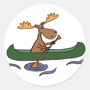 Funny Moose Canoeing Cartoon Classic Round Sticker