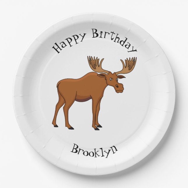 Funny moose cartoon illustration paper plate (Front)