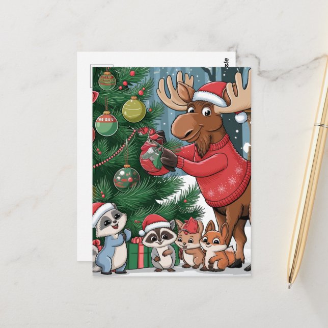 Funny Moose Decorating the Christmas Tree Cartoon Postcard (Front/Back In Situ)