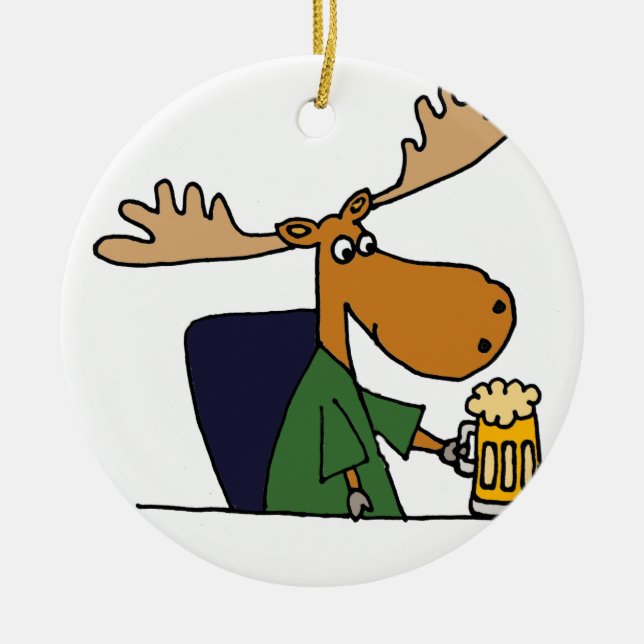 Funny Moose Drinking Beer Cartoon Ceramic Ornament (Front)