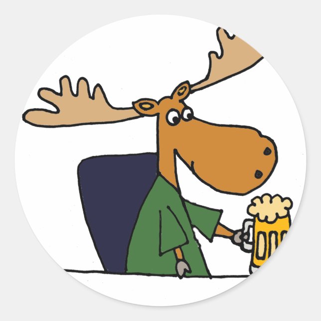 Funny Moose Drinking Beer Cartoon Classic Round Sticker (Front)
