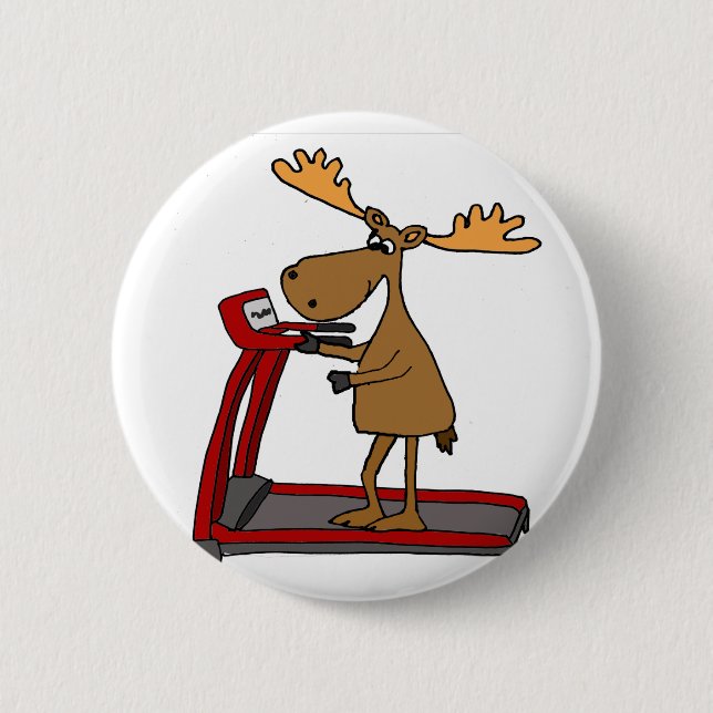 Funny Moose Exercising on Treadmill Cartoon 2 Inch Round Button (Front)