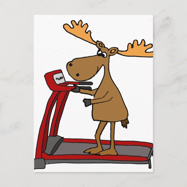 Funny Moose Exercising on Treadmill Cartoon Postcard (Front)