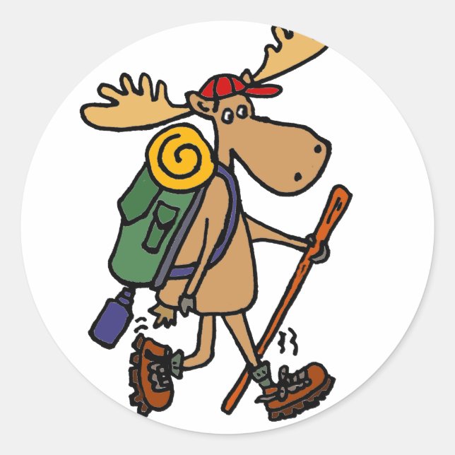 Funny Moose Hiker Classic Round Sticker (Front)