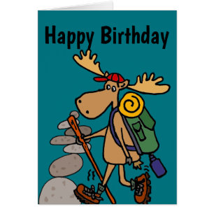 Funny Moose Hiking with Cairn Cartoon