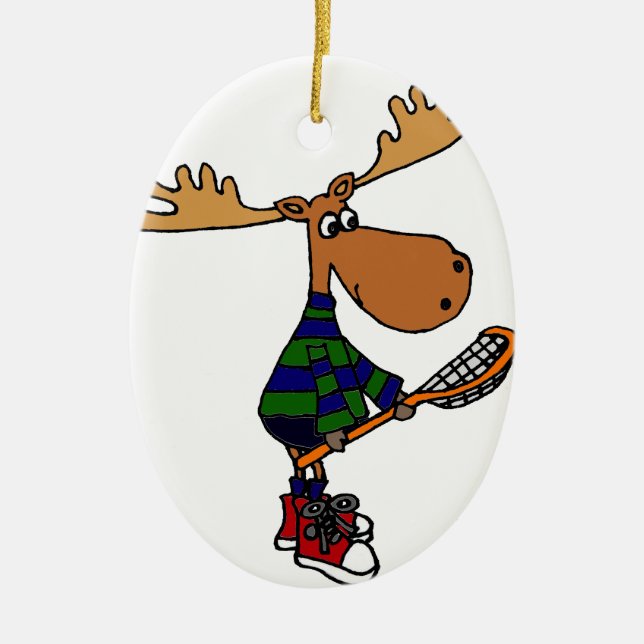 Funny Moose Holding Lacrosse Stick Ceramic Ornament (Front)