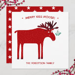 Funny Moose  Holiday Card<br><div class="desc">Merry Kiss Moose funny red and white Christmas holiday card featuring a whimsical moose or elk with a bunch of mistletoe tied to his antler,  hoping for a cheeky kiss.
Change or remove the family name,  and change the message to customize.</div>