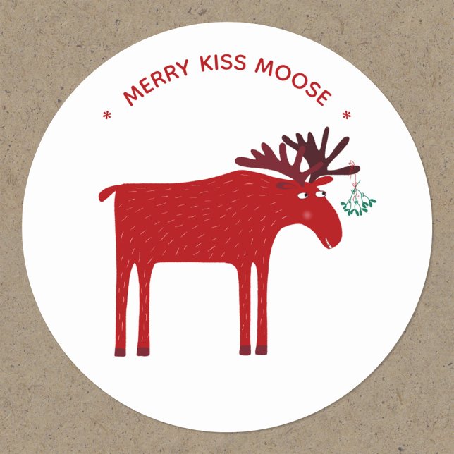 Funny Moose Holiday Classic Round Sticker (Fun moose or elk with mistletoe custom text Merry Kiss Moose sticker)