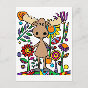 Funny Moose in Flower Garden Art Abstract Postcard