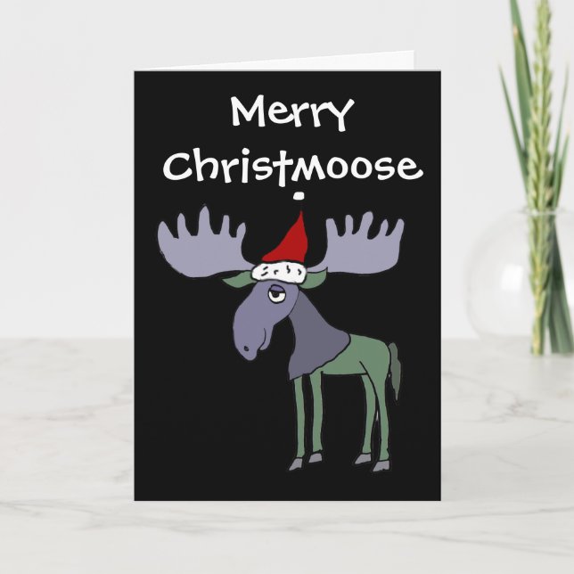 Funny Moose in Santa Hat Holiday Card (Front)