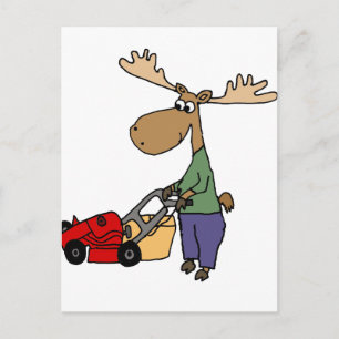 Funny Moose Mowing Lawn Cartoon Postcard