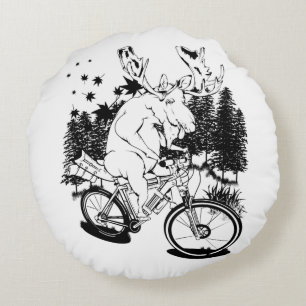 Funny moose on a bike packing bicycle round pillow