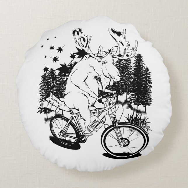 Funny moose on a bike packing bicycle round pillow (Back)