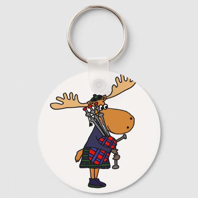 Funny Moose Playing Bagpipes Art Keychain (Front)