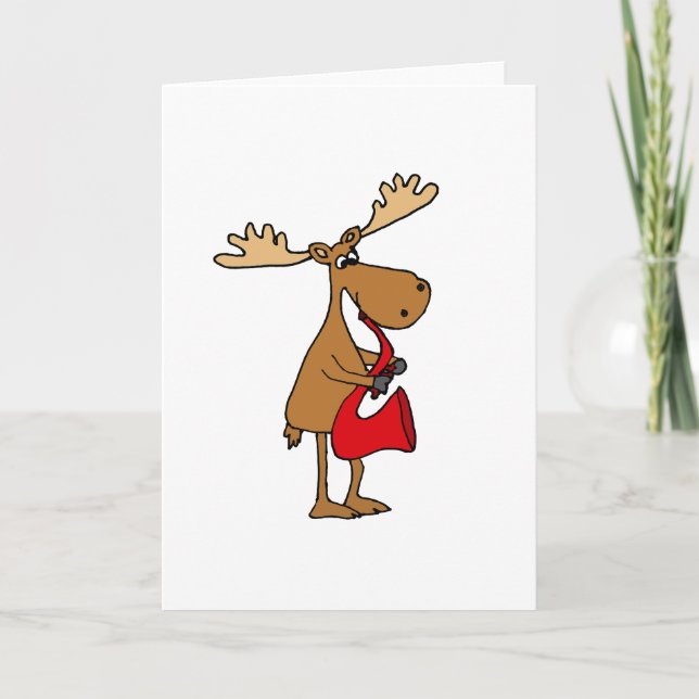 Funny Moose Playing Red Saxophone Original Art Holiday Card (Front)