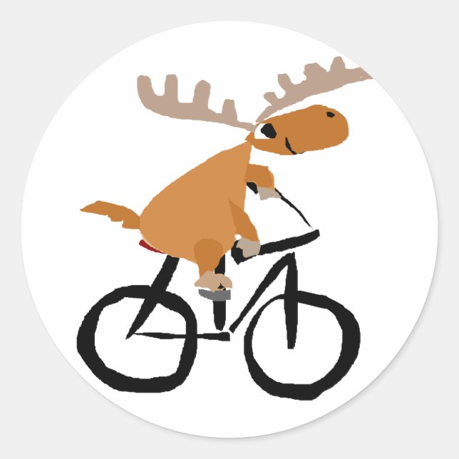 Funny Moose Riding Bicycle original art Classic Round Sticker (Front)