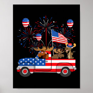Funny Moose Riding Red Truck Usa Flag Patriotic 4t Poster