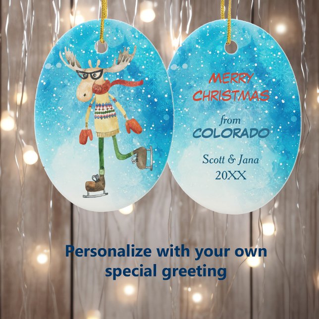 Funny Moose Skater Colorado Christmas Ceramic Ornament (Creator Uploaded)