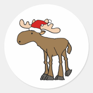 Funny Moose wearing Santa Hat Christmas Cartoon Classic Round Sticker