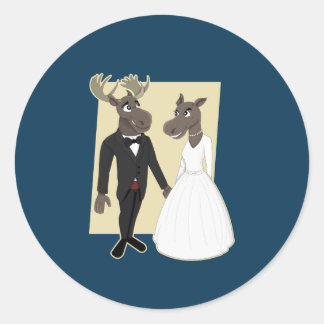 Funny Moose Wedding Cartoon Classic Round Sticker