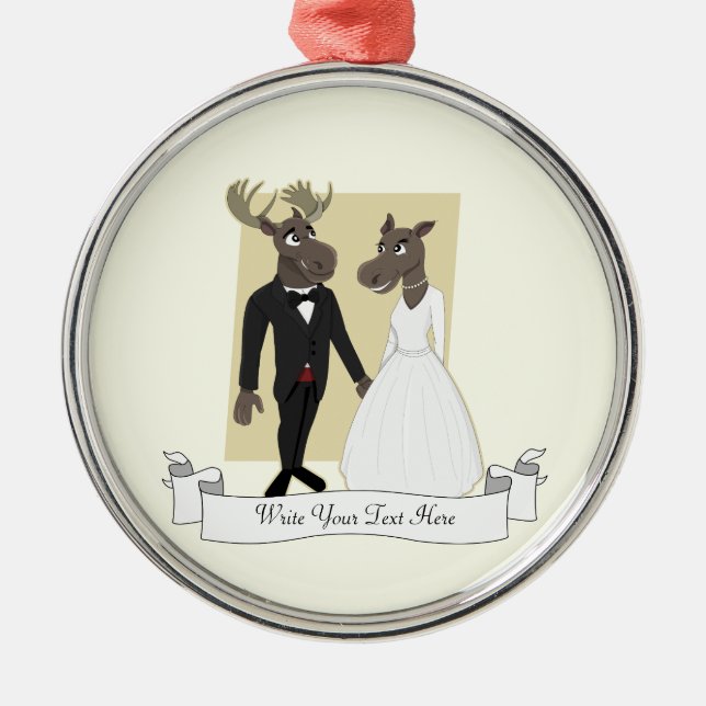 Funny Moose Wedding Cartoon Metal Ornament (Front)