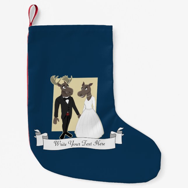 Funny Moose Wedding Cartoon Small Christmas Stocking (Front)