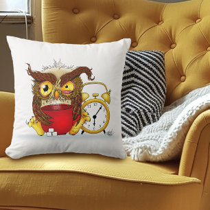Funny Morning Cranky Owl Throw Pillow