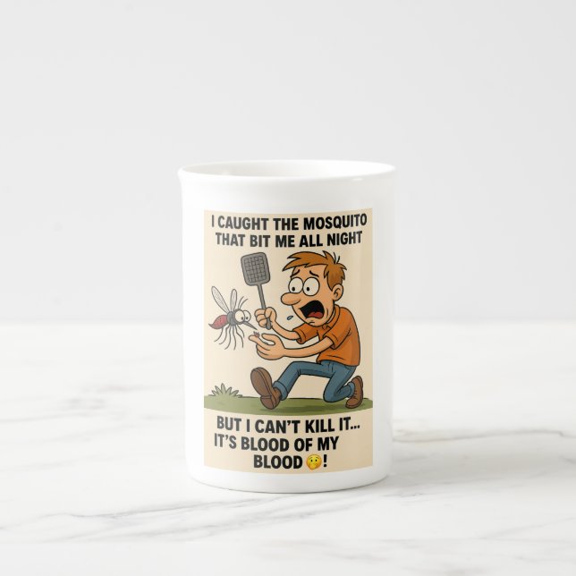 Funny Mosquito Cartoon – Bug Chase with Swatter Bone China Mug (Front)