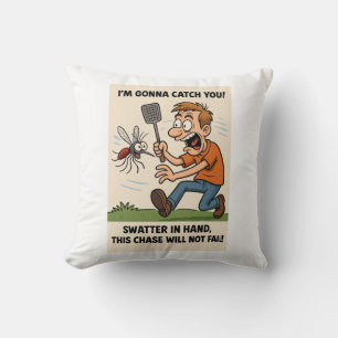 Funny Mosquito Cartoon Bug Chase with Swatter Throw Pillow