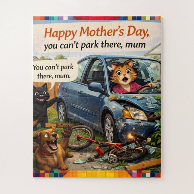 Funny Mother's Day jigsaw puzzle cat dog car crash (Vertical)