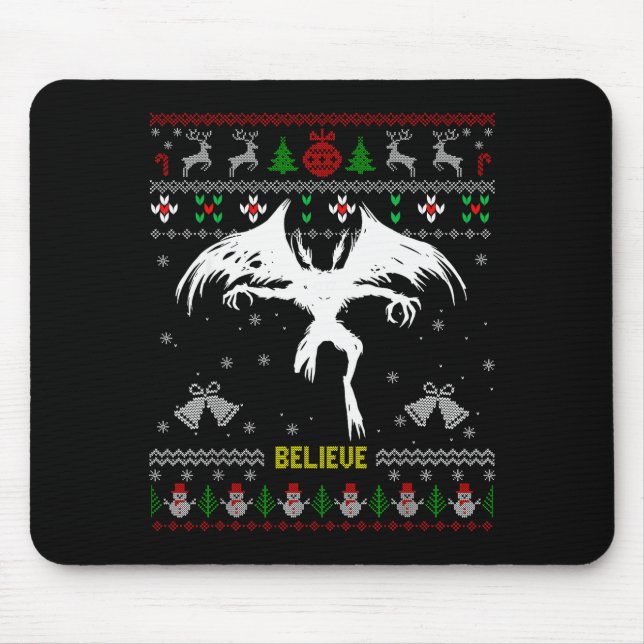 Funny Mothman Ugly Christmas Sweater Believe Crypt Mouse Pad (Front)