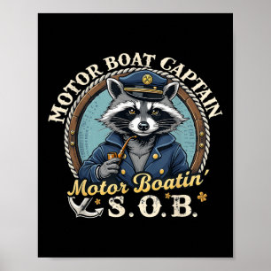 Funny Motor Boat Captain Nautical Raccoon Meme Gra Poster