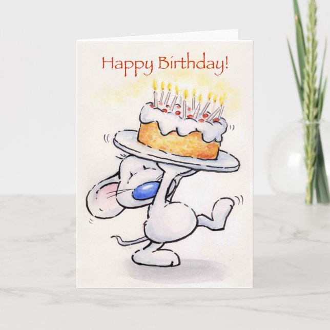 Funny mouse carrying huge cake, Happy Birthday Card (Front)