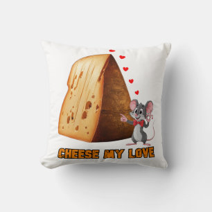 Funny Mouse in Love with a slice of Cheese on a Throw Pillow