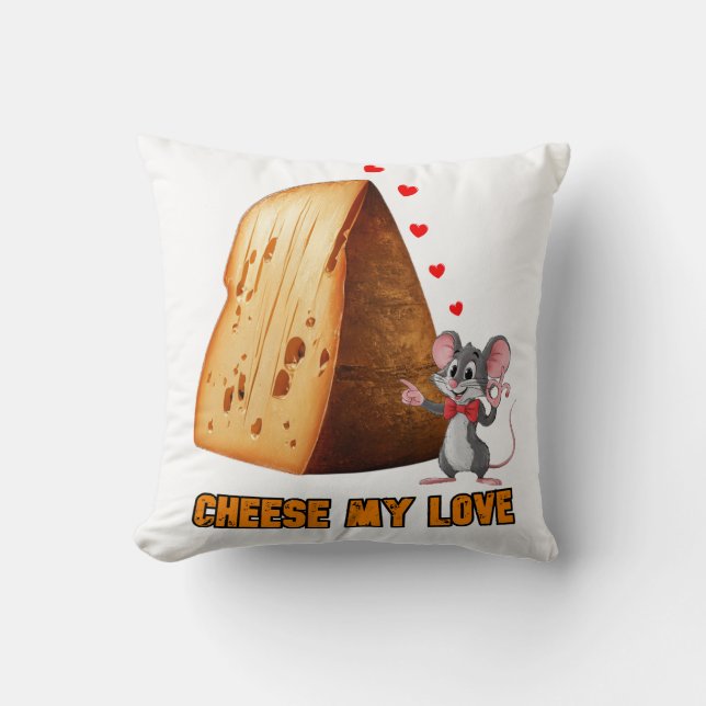 Funny Mouse in Love with a slice of Cheese on a Throw Pillow (Front)