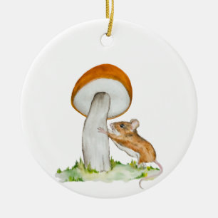 Funny mouse with wild mushroom ceramic ornament